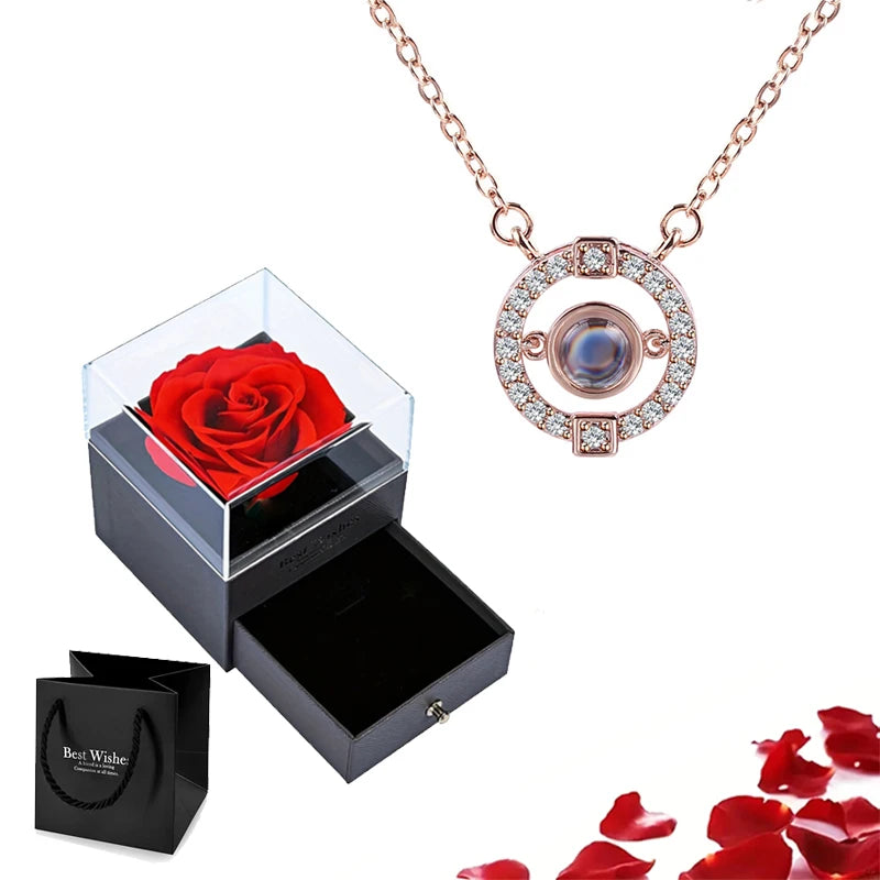 Projection Necklace Set With Rose Gift Box 100 Languages I Love You Heart Pendant Jewelry