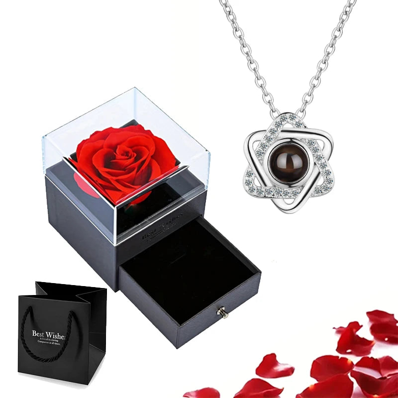 Projection Necklace Set With Rose Gift Box 100 Languages I Love You Heart Pendant Jewelry