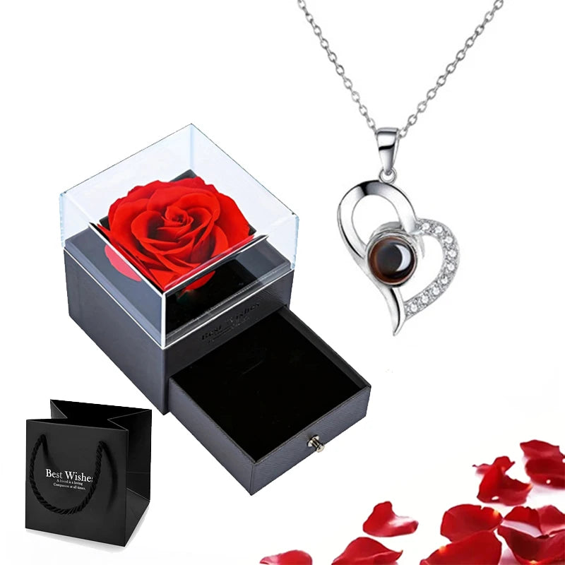 Projection Necklace Set With Rose Gift Box 100 Languages I Love You Heart Pendant Jewelry