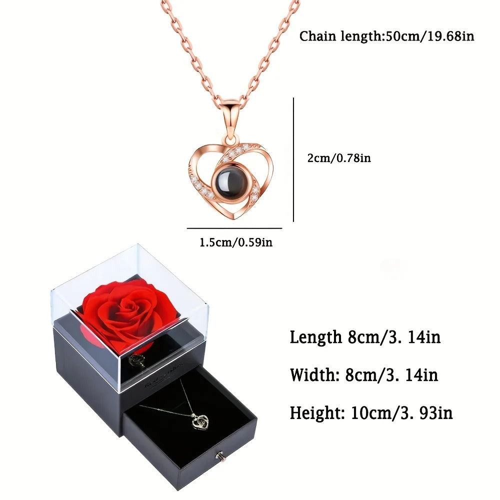 Projection Necklace Set With Rose Gift Box 100 Languages I Love You Heart Pendant Jewelry