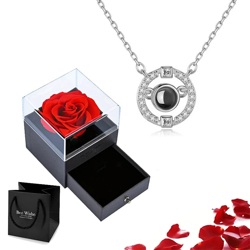 Projection Necklace Set With Rose Gift Box 100 Languages I Love You Heart Pendant Jewelry