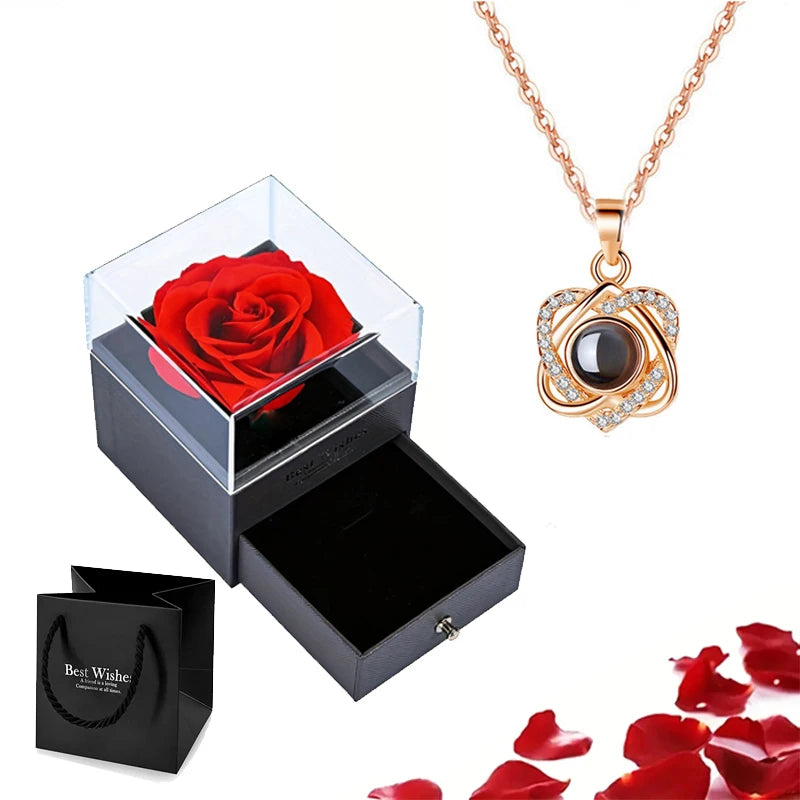 Projection Necklace Set With Rose Gift Box 100 Languages I Love You Heart Pendant Jewelry