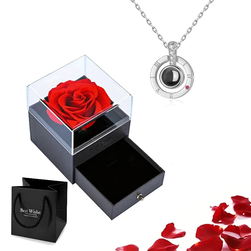 Projection Necklace Set With Rose Gift Box 100 Languages I Love You Heart Pendant Jewelry