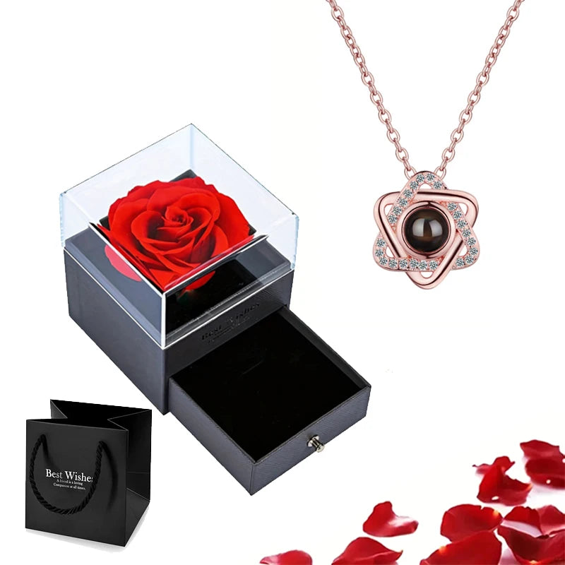 Projection Necklace Set With Rose Gift Box 100 Languages I Love You Heart Pendant Jewelry